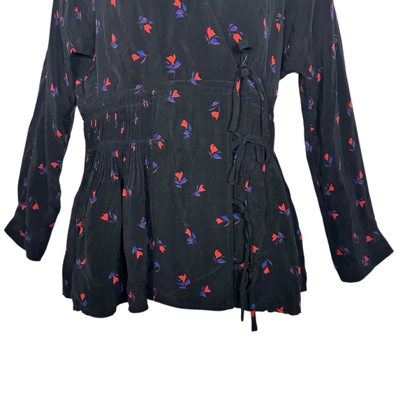 Caron Callahan Mica Black Floral Wrap Blouse Long Sleeve V-Neck Cupro Top Medium - Picture 2 of 10